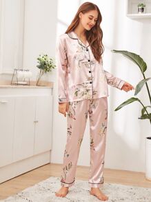 Floral Print Button-Up Satin PJ Set / Pajama Set, Fall & Winter Clothes - Baby Pink - View 4