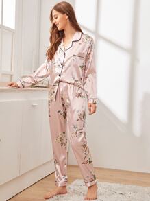 Floral Print Button-Up Satin PJ Set / Pajama Set, Fall & Winter Clothes - Baby Pink - View 1