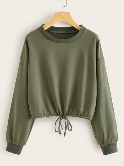 Solid Drawstring Hem Round Neck Sweatshirt