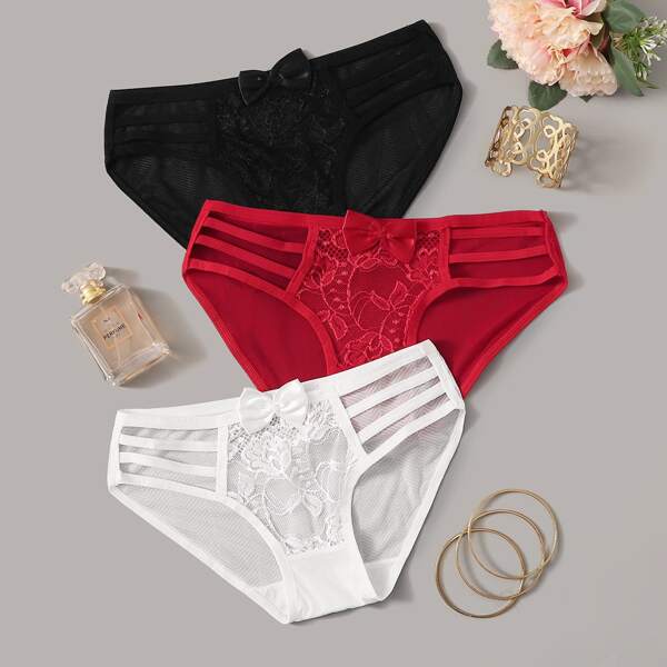 

3pack Contrast Lace Mesh Panty Set, Multicolor