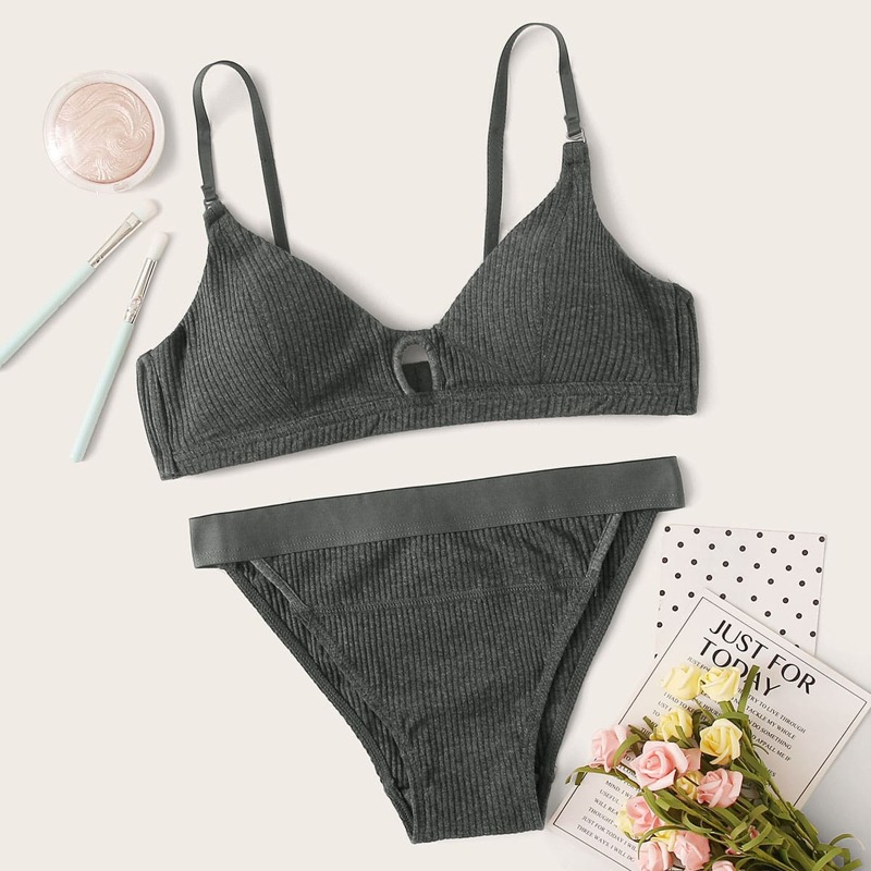 

Solid Rib Adjustable Strap Lingerie Set, Grey