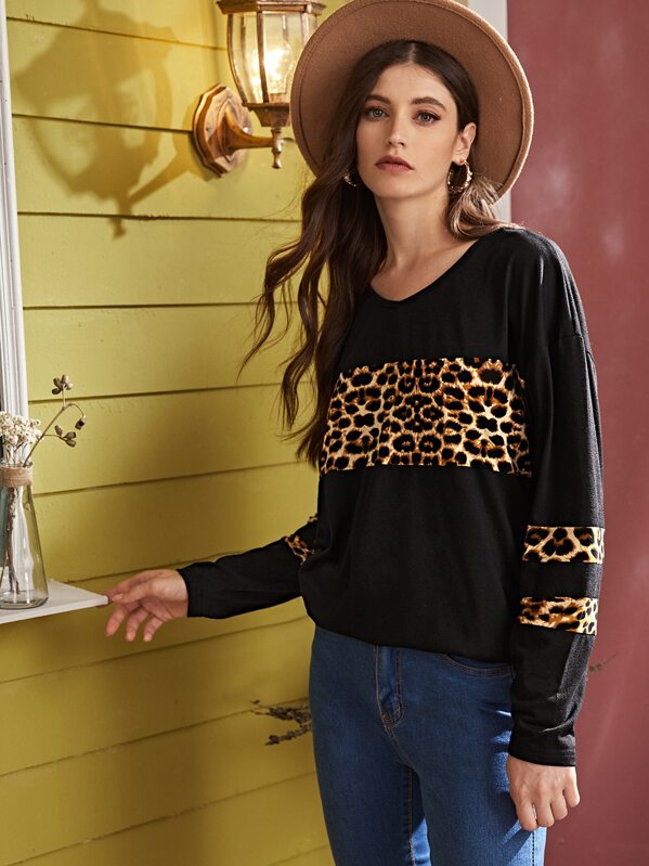 

Contrast Leopard Long Sleeve Tee, Black, Mila