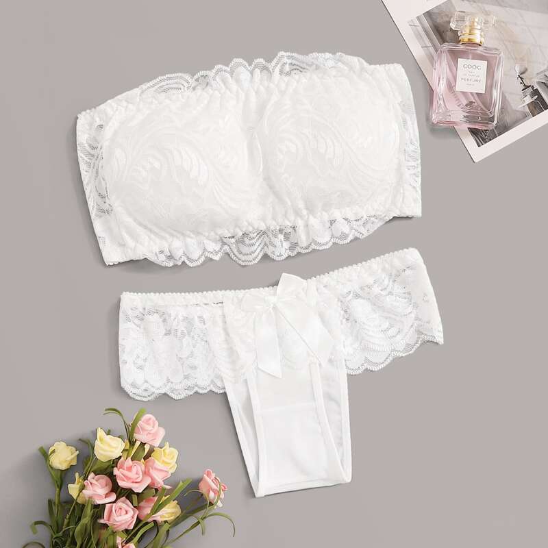 

Floral Lace Bandeau Lingerie Set, White