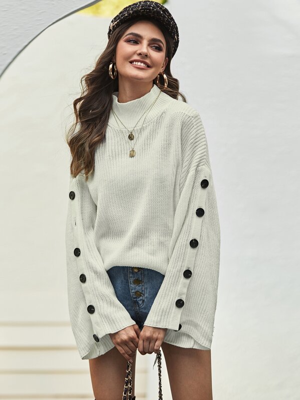 

Button Detail Bell Sleeve Sweater, White, Barbara C