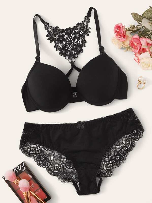 

Contrast Lace Underwire Lingerie Set, Black