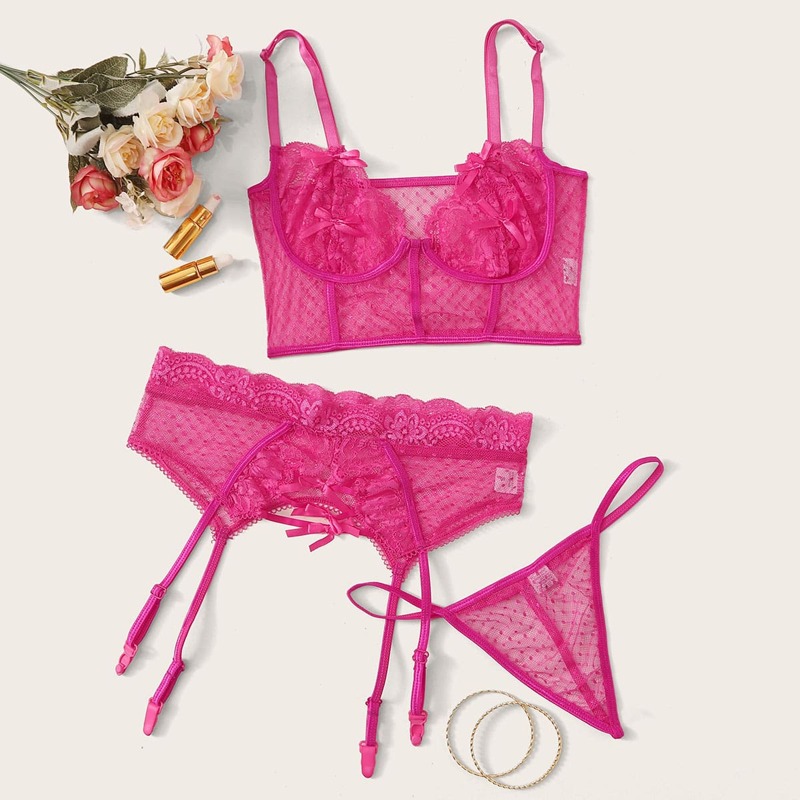 

Contrast Lace Sheer Mesh Garter Lingerie Set, Pink bright