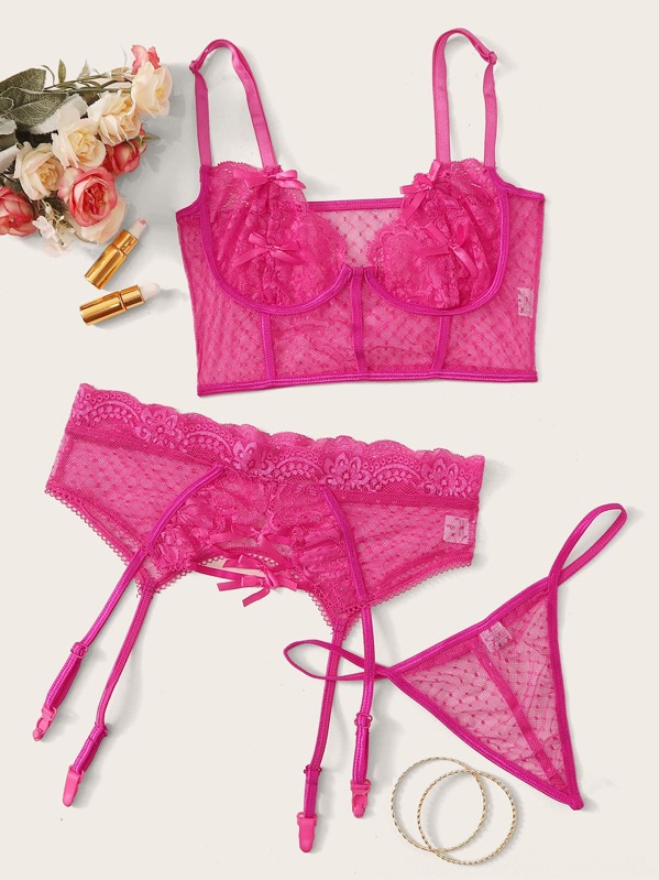 

Contrast Lace Sheer Mesh Garter Lingerie Set, Pink