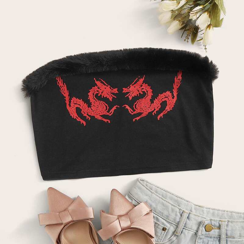 

Contrast Faux Fur Dragon Print Tube Top, Black