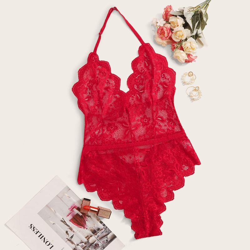 

Floral Lace Halter Teddy Bodysuit, Red