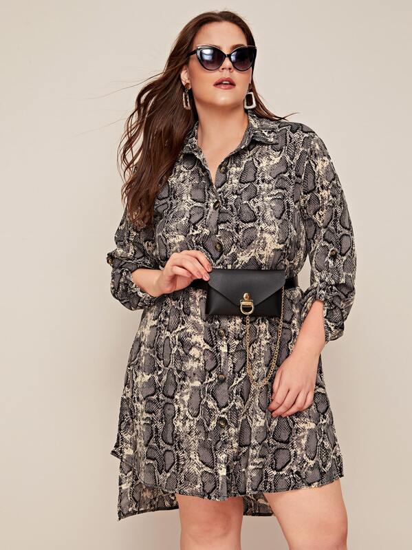 

Plus Snakeskin Roll Tab Sleeve Dip Hem Shirt Dress Without Bag, Multicolor, Ella