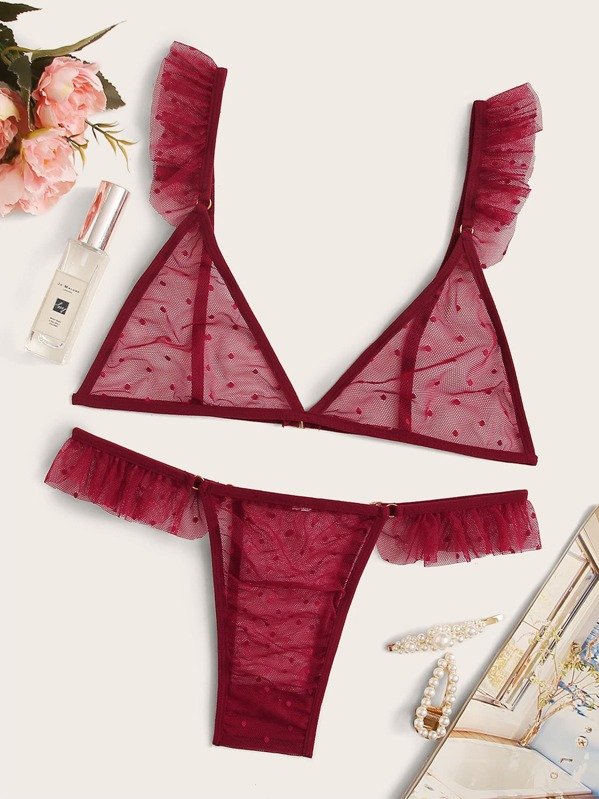 

Polka Dot Ruffle Trim Lingerie Set, Burgundy