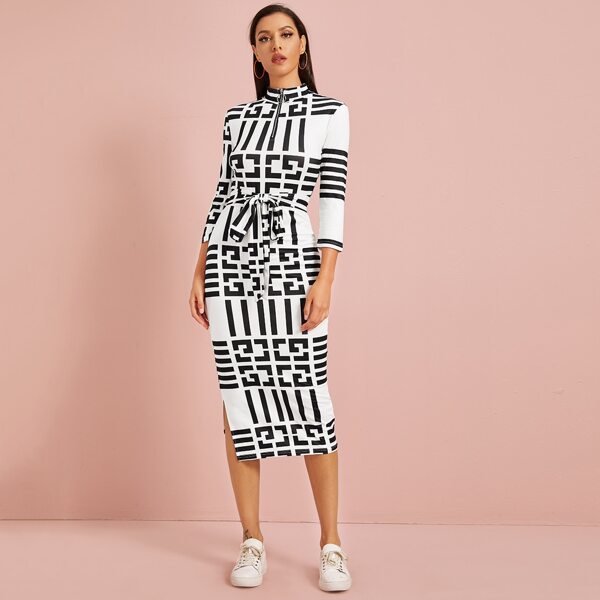 

O-ring Zip Front Self Belted Split Hem Pencil Dress, Black and white