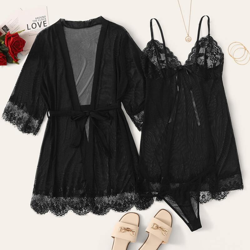 

3pcs Contrast Lace Mesh Slips With Thong & Belted Robe, Black