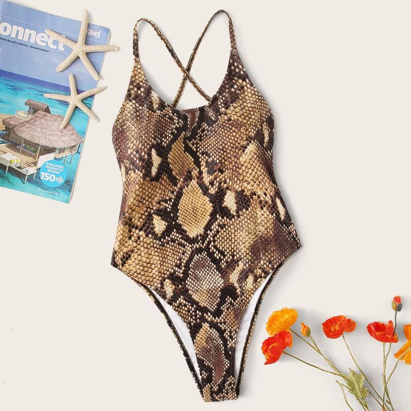 

Snakeskin Criss Cross One Piece Swimwear, Multicolor