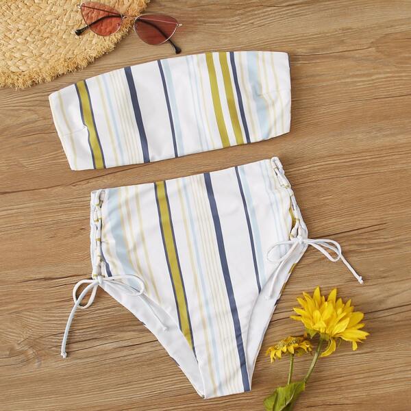 

Muti-color Striped Bandeau With High Waist Bikini Set, Multicolor