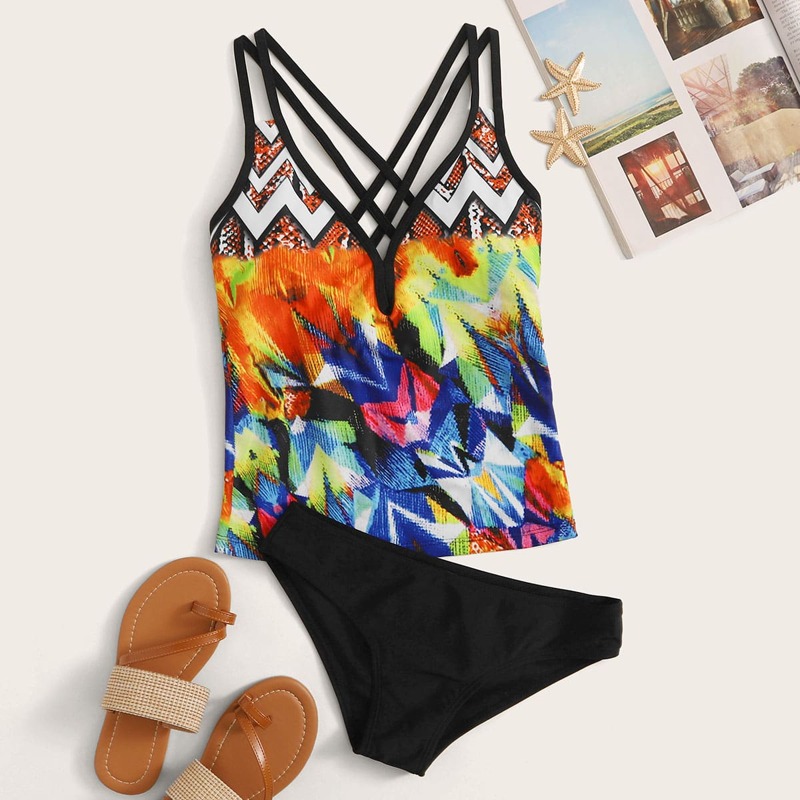 

Tie Dye Criss Cross Tankini Set, Multicolor