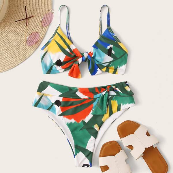

Tropical Knot Front Top With High Waist Bikini Set, Multicolor