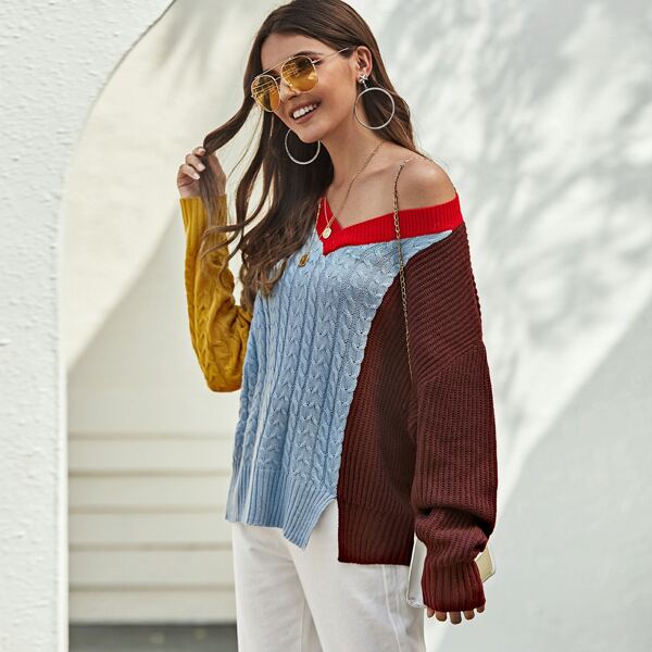 

V-neck Drop Shoulder Split Hem Colorblock Sweater, Multicolor
