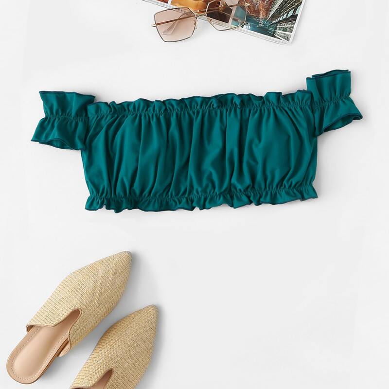 

Frill Trim Bardot Bikini Top, Teal blue