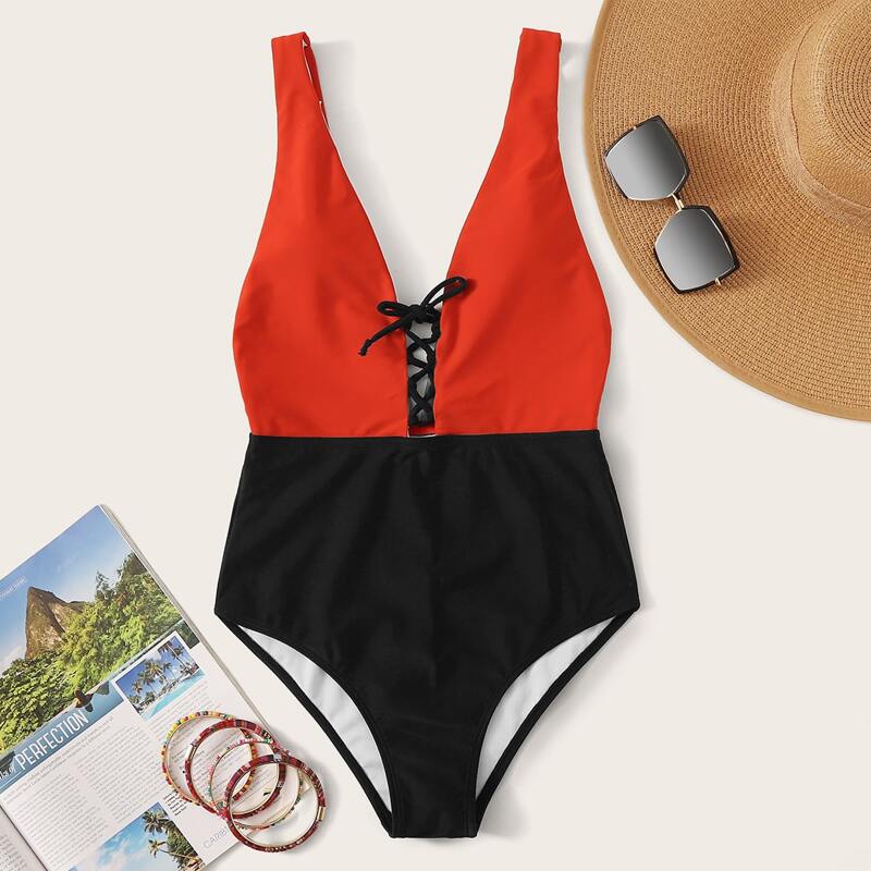 

Two Tone Lace Up One Piece Swimwear, Multicolor