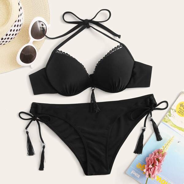 

Underwire Halter Tie Side Bikini Swimsuit, Black