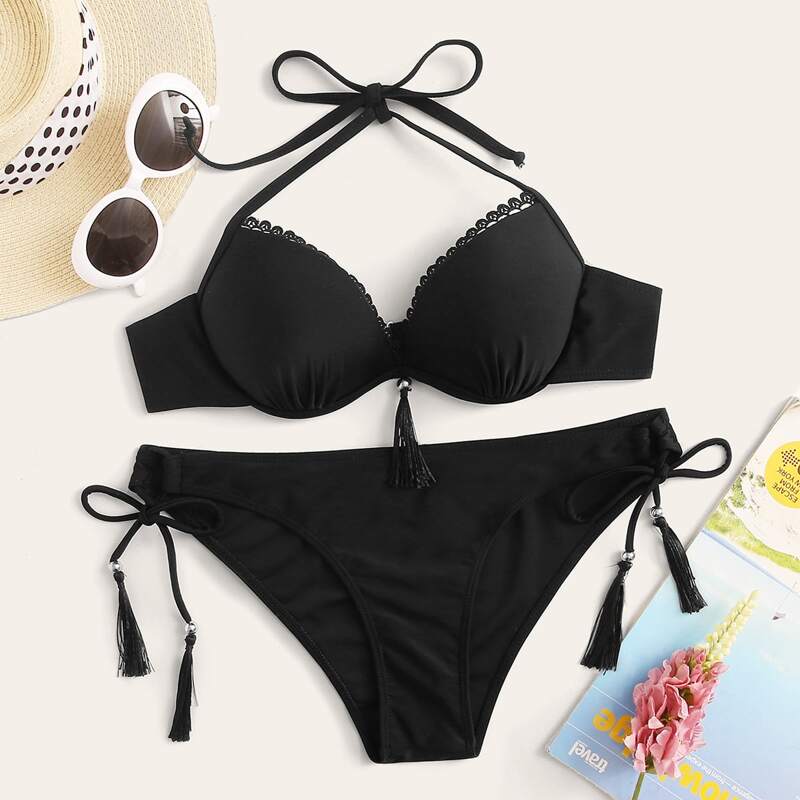 

Underwire Halter Tie Side Bikini Swimsuit, Black