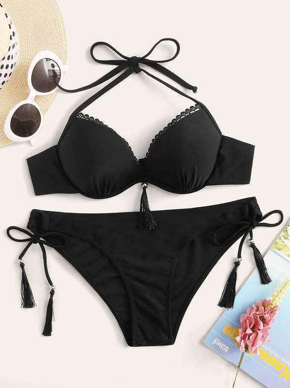 

Underwire Halter Top With Tie Side Bikini Set, Black