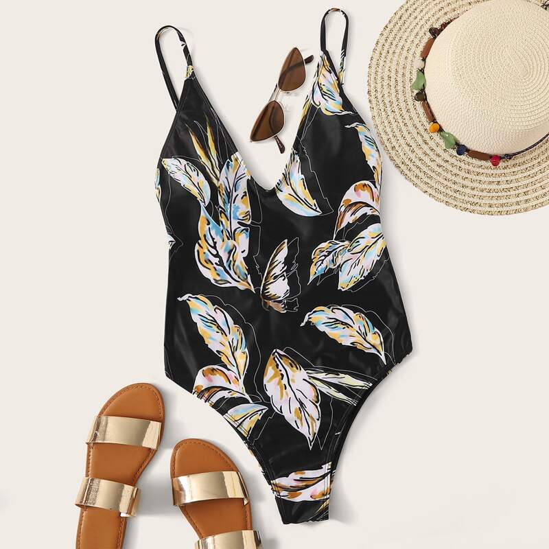 

Leaf Print One Piece Swimwear, Black