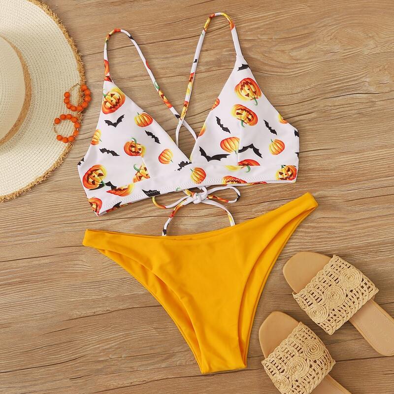

Halloween Pumpkin Random Print Lace-up Top With Thong Bikini, Multicolor
