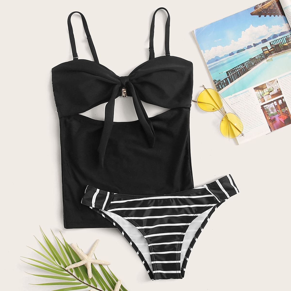 

Cut-out Knot Front Top With Striped Cheeky Tankini, Black and white