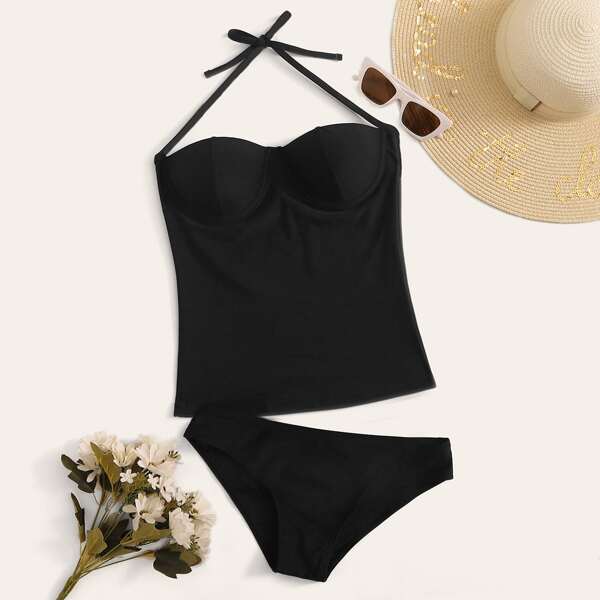 

Underwire Halter Tankini Set, Black