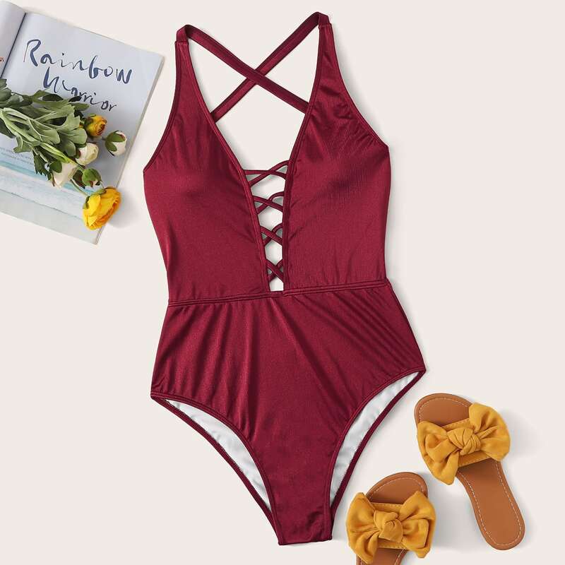 

Criss Cross Satin One Piece Swimwear, Burgundy