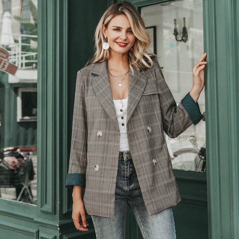 

Simplee Glen Plaid Double Button Blazer, Grey