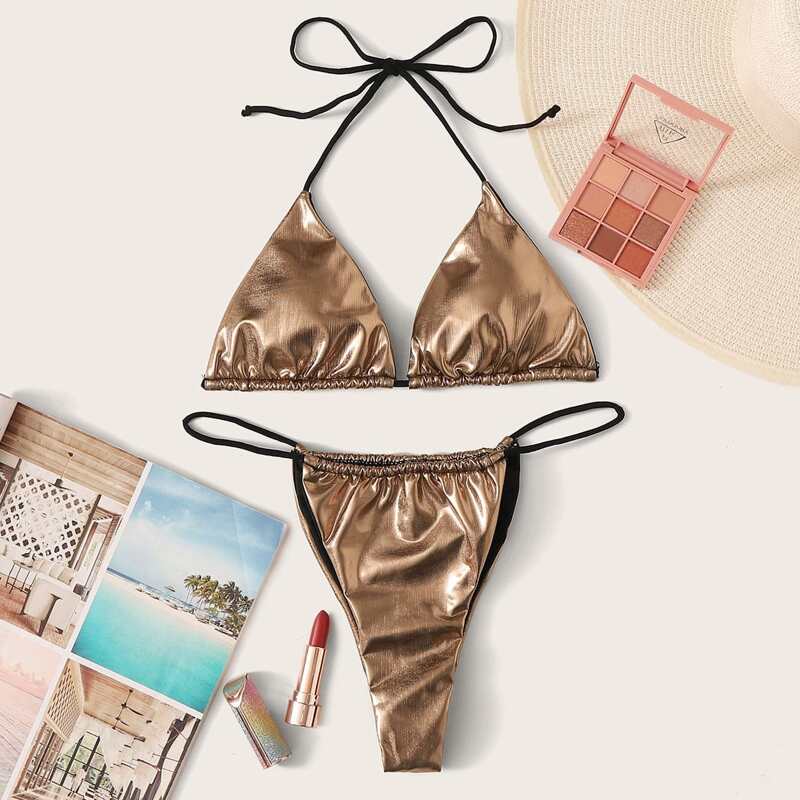 

Metallic Triangle Thong Bikini Swimsuit, Gold