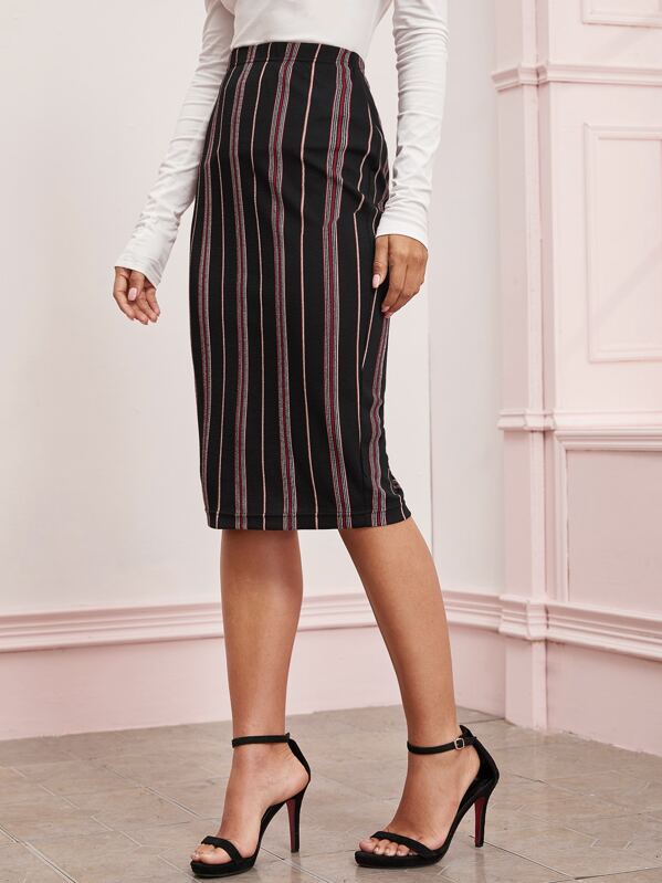 

Elastic Waist Striped Pencil Skirt, Black, Debi Cruz