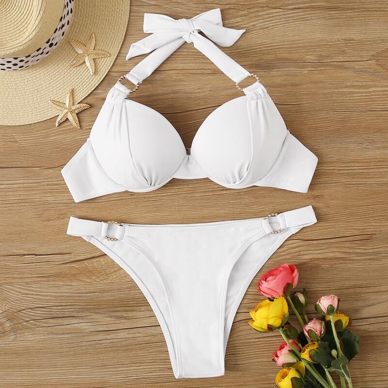 

Underwire Halter Top With High Cut Bikini Set, White