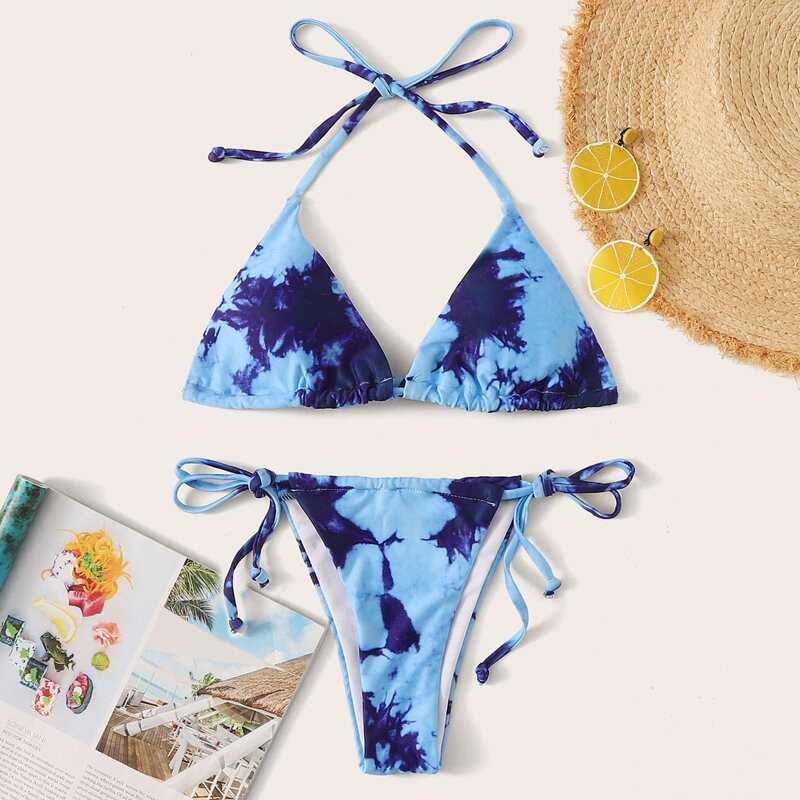 

Tie Dye Halter Tie Side Bikini Swimsuit, Baby blue