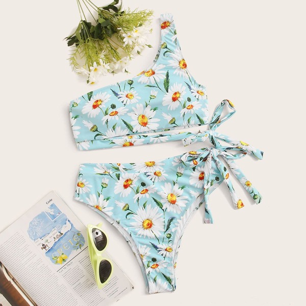 

Daisy Floral Tie Waist Top With High Waist Bikini, Multicolor