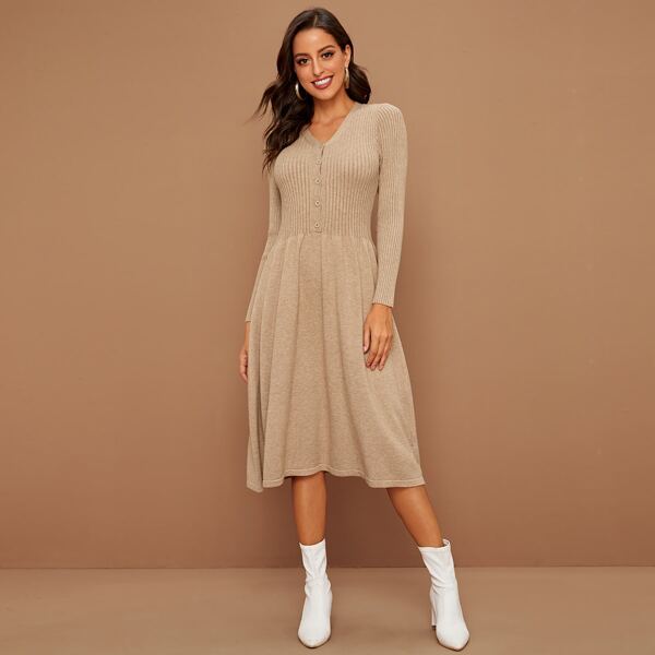 

Solid Rib-Knit Button Front A-line Sweater Dress, Khaki pastel