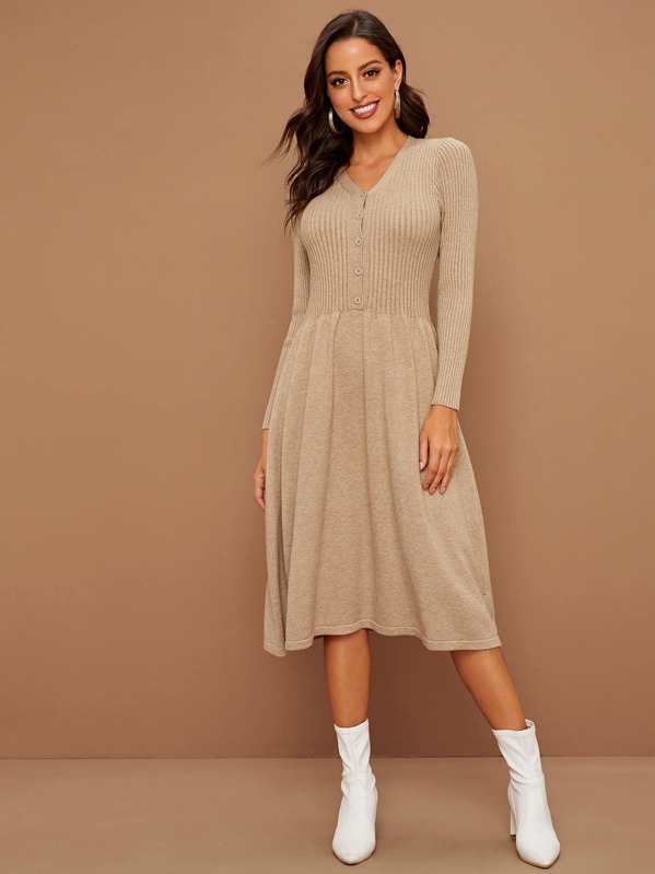 

Solid Rib-Knit Button Front A-line Sweater Dress, Khaki, Mary P.