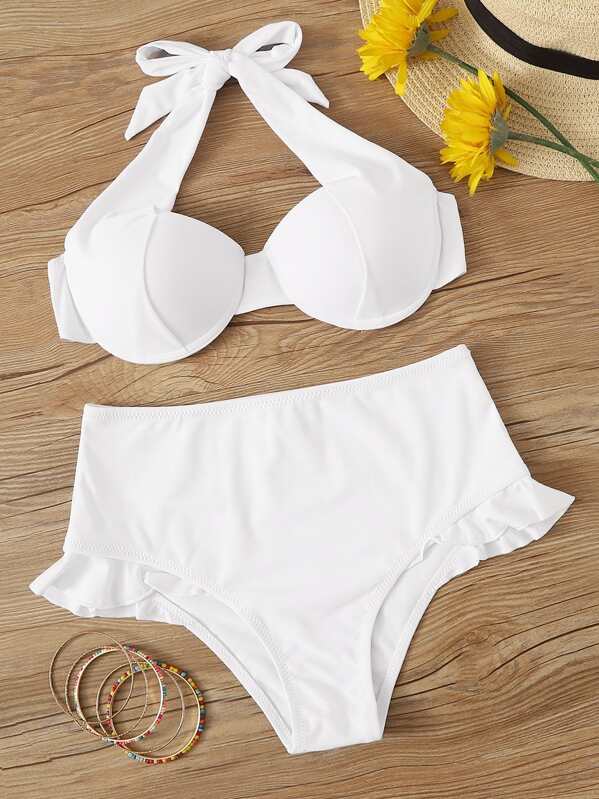 

Underwire Halter Top With High Waist Bikini Set, White