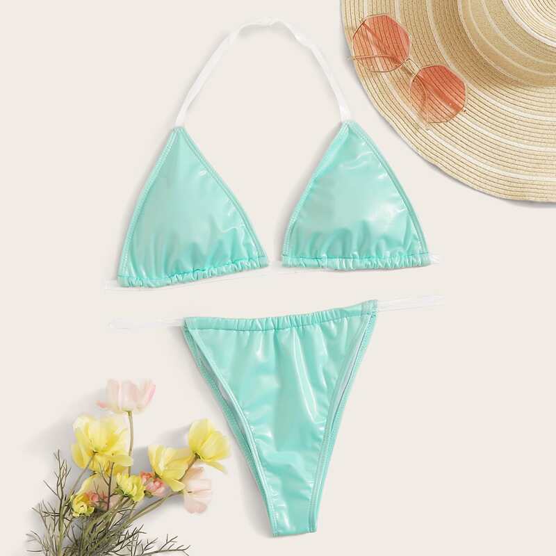 

Triangle Halter Top With Thong Bikini Set, Mint green
