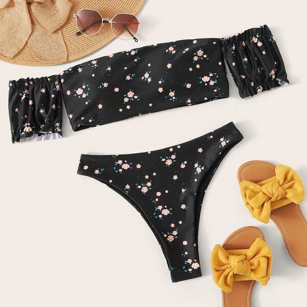 

Ditsy Floral Bardot High Cut Bikini Swimsuit, Black