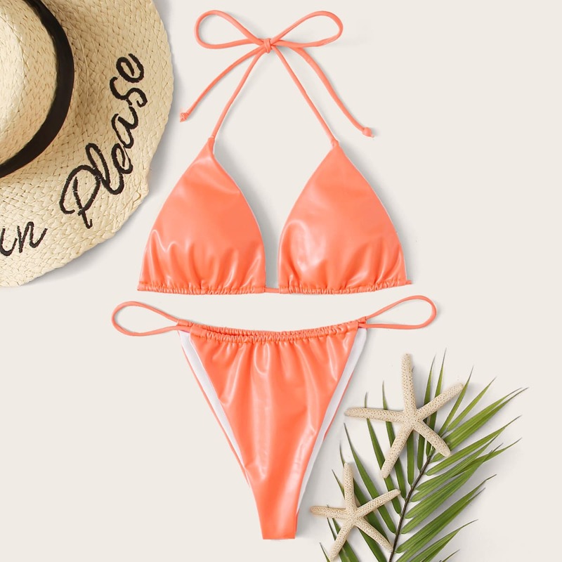 

Triangle Halter Top With Thong Bikini Set, Orange neon