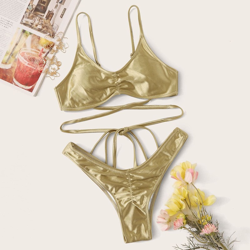 

Metallic Lace-up Back Top With High Cut Bikini, Gold