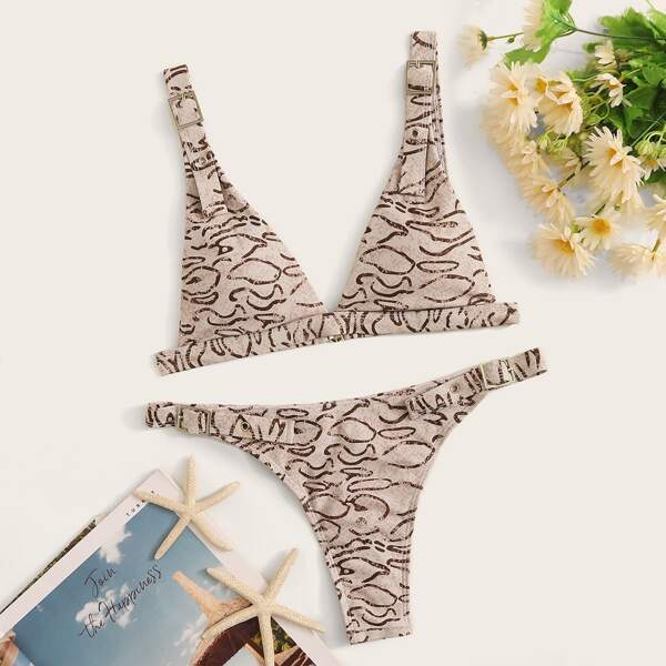 

Graphic Triangle Top With Thong Bikini Set, Multicolor