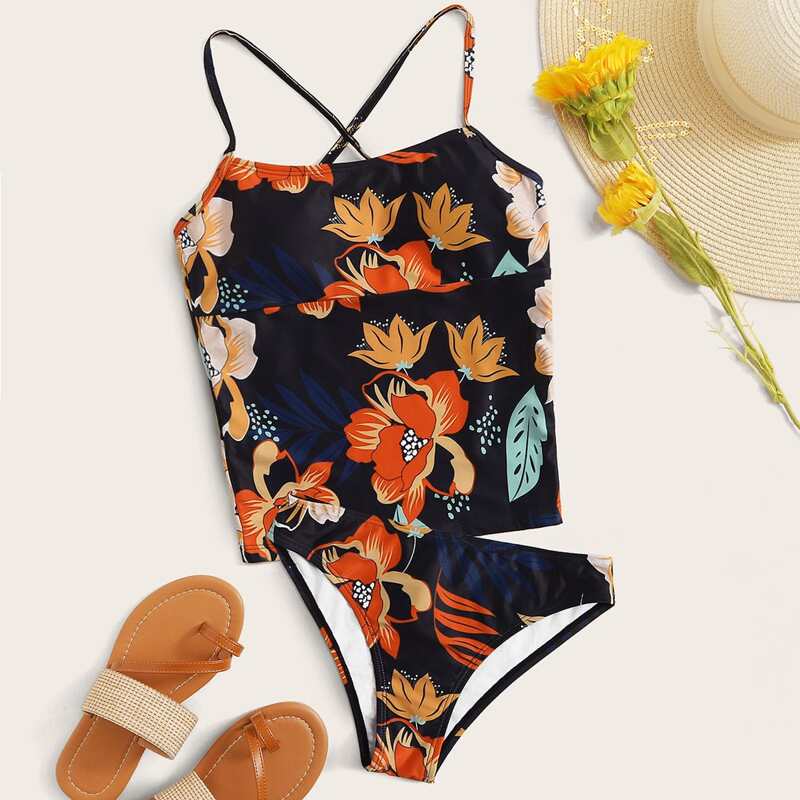 

Floral Criss Cross Tankini Set, Multicolor