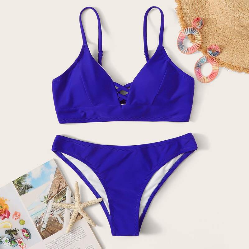 

Lace Up Back Bikini Swimsuit, Royal blue bright