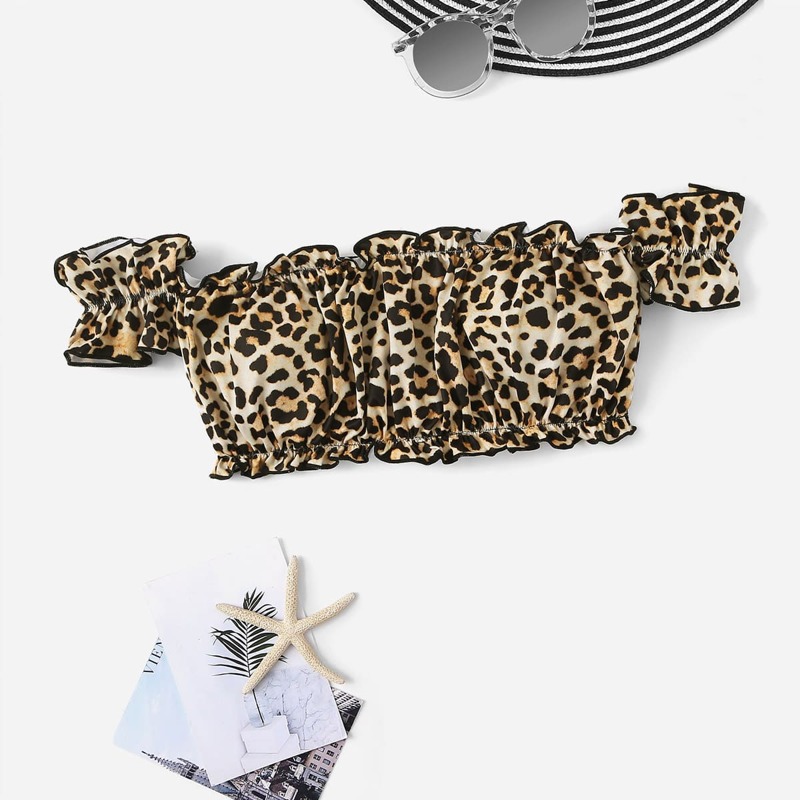 

Leopard Frill Trim Bardot Bikini Top, Multicolor