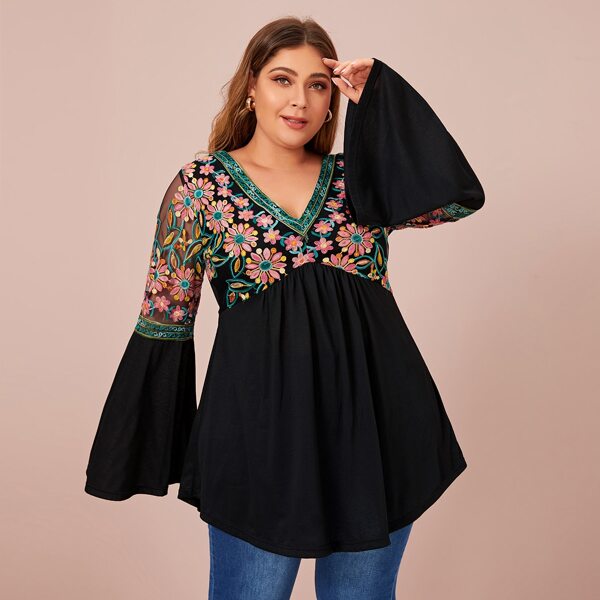 

Plus Floral Embroidered Babydoll Blouse, Black
